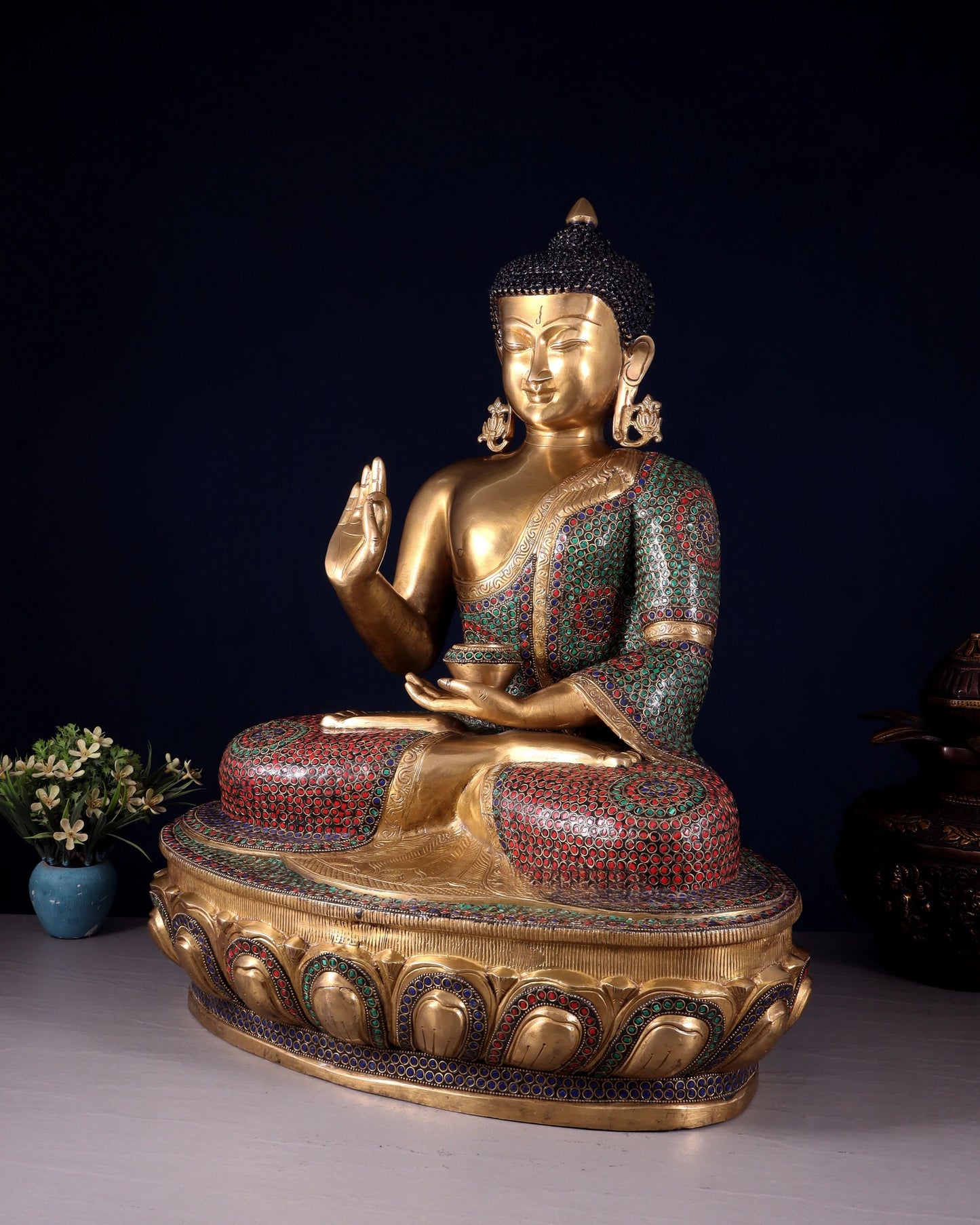 Brass Gem Stone Work Blessing Buddha Statue Weight 27.4 kg & Height 13.5 Inch