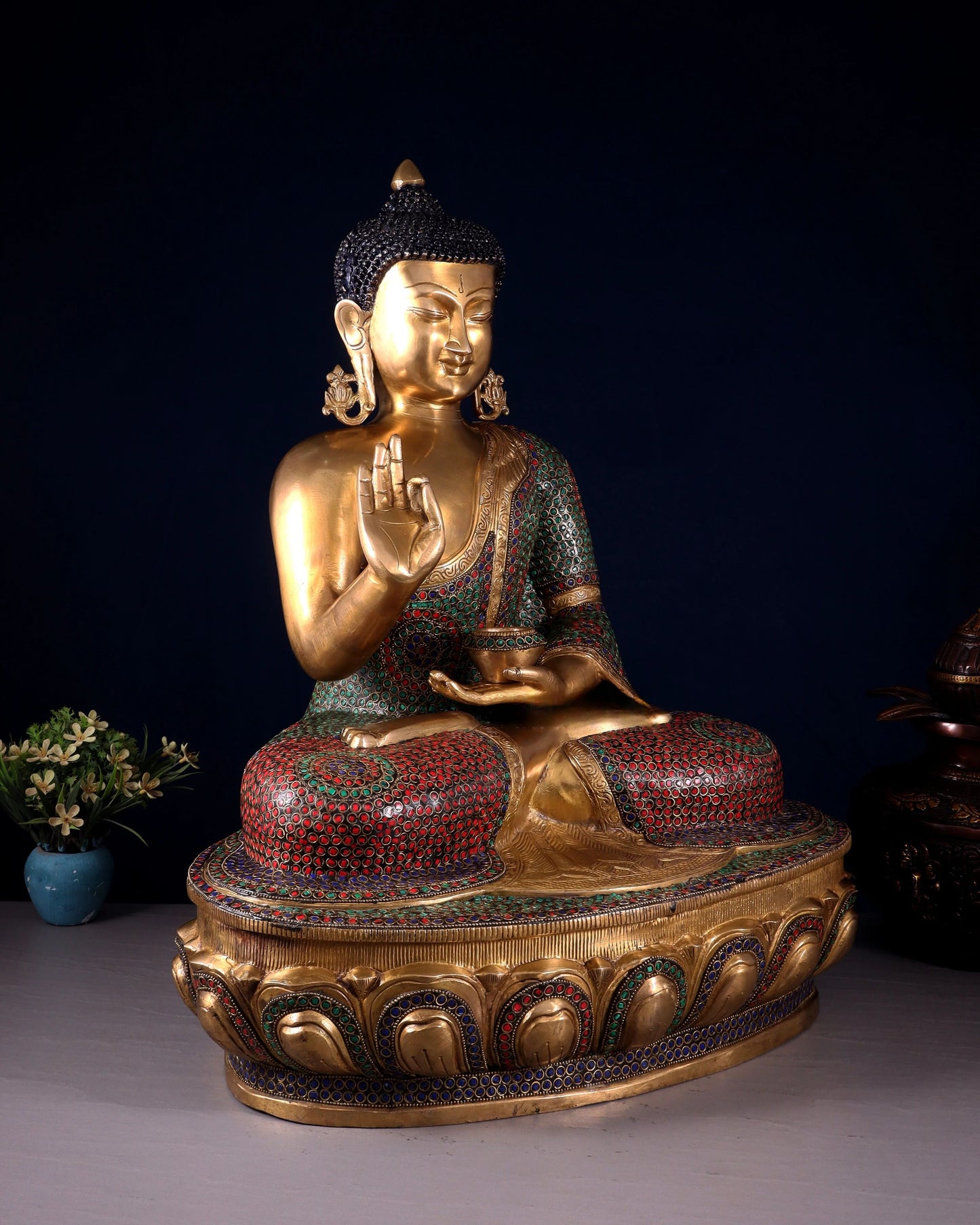 Brass Gem Stone Work Blessing Buddha Statue Weight 27.4 kg & Height 13.5 Inch