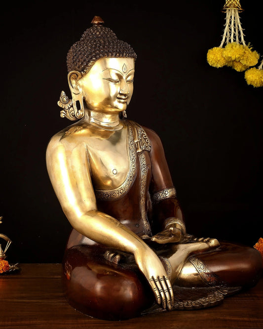 Brass Bhumisprasa Buddha Statue Weight 19.25 kg & Height 27.4 Inch