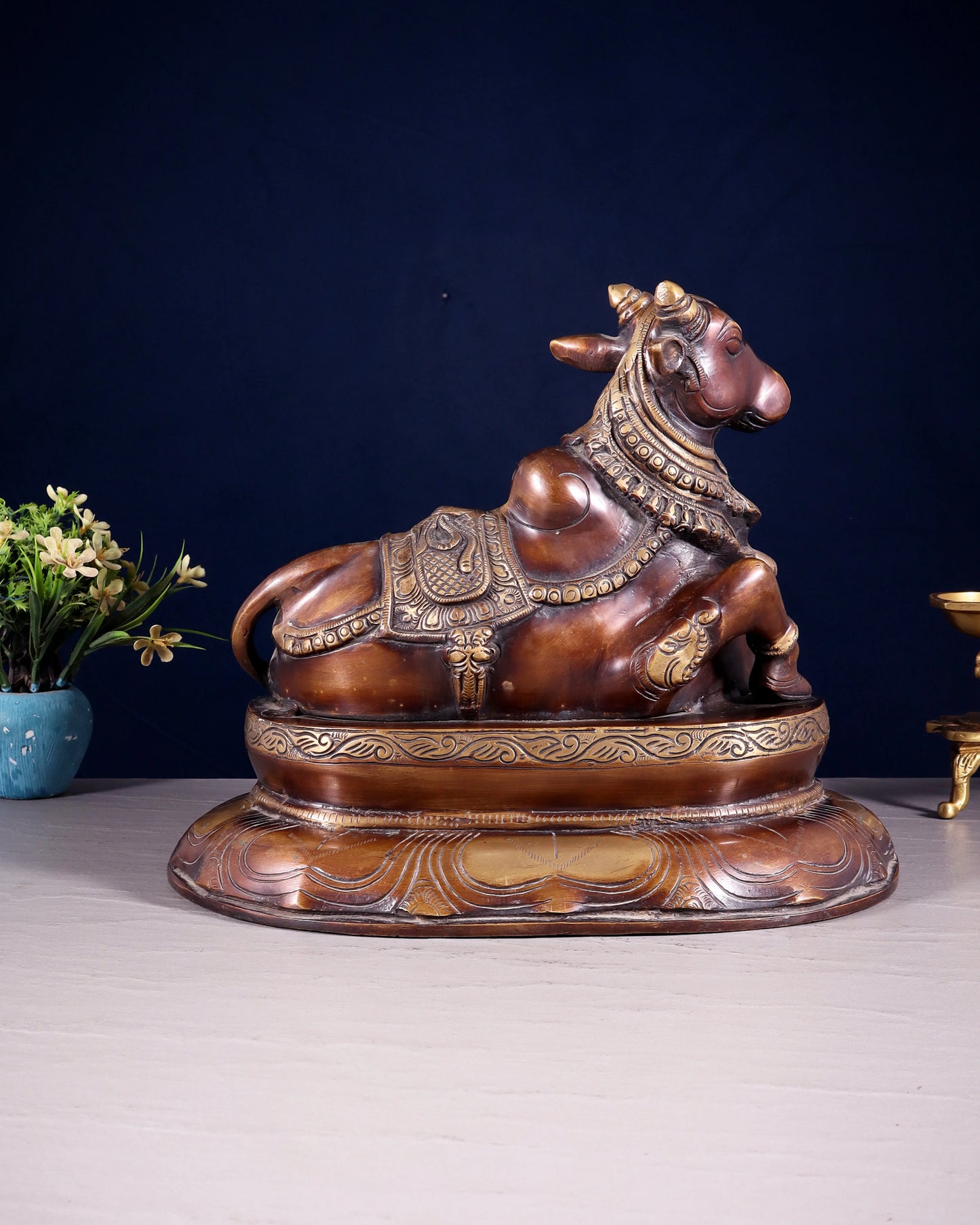 Brassaura™ Pure Brass Nandi/Nandikeshwar Idol – Height 10" & Weight 7.5 Kgs | Seated on Engraved Base