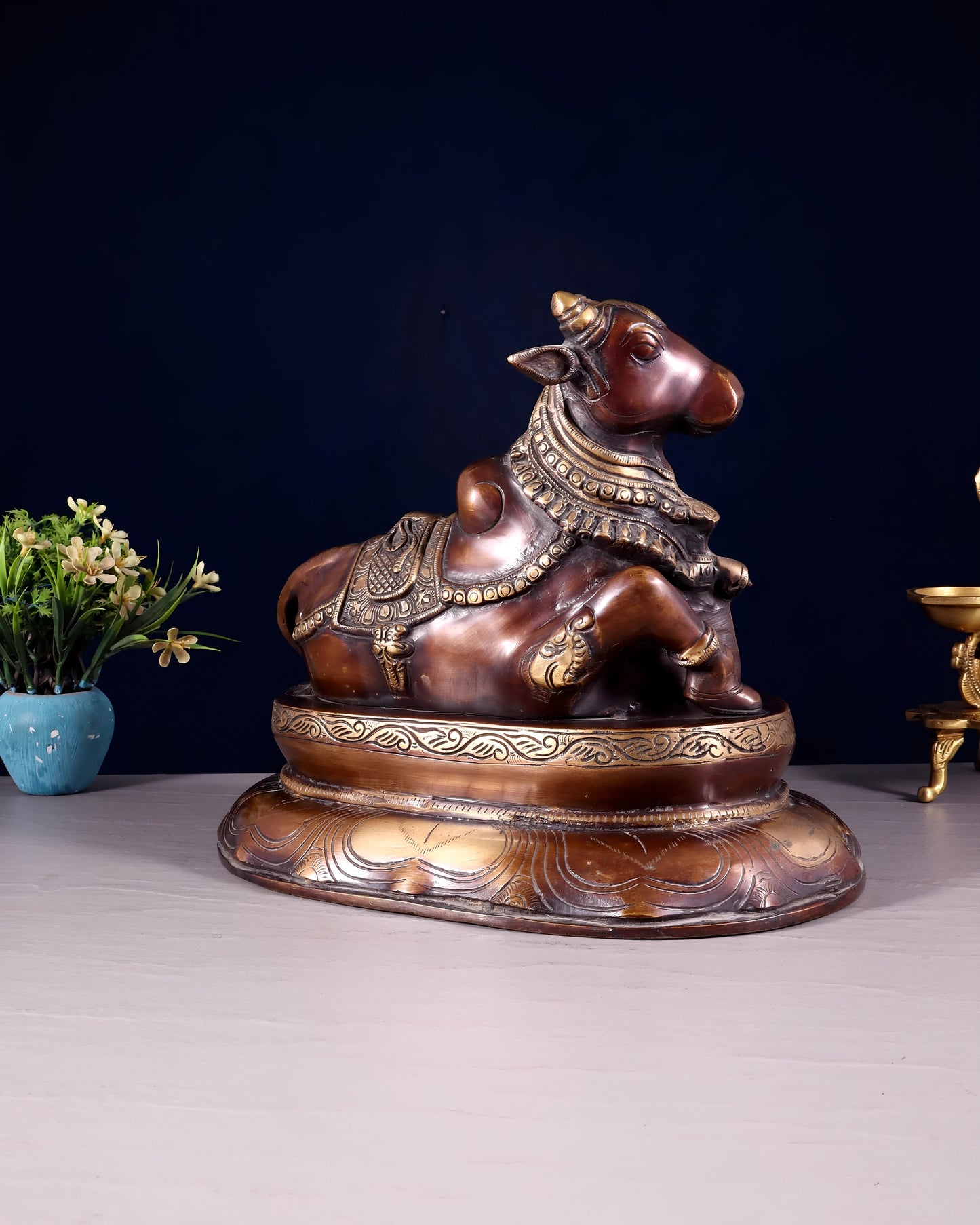 Brassaura™ Pure Brass Nandi/Nandikeshwar Idol – Height 10" & Weight 7.5 Kgs | Seated on Engraved Base