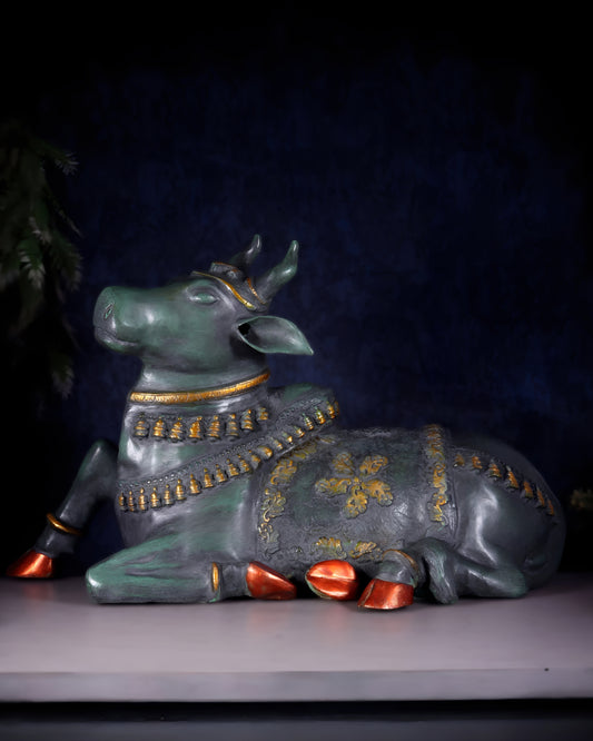 Brassaura™ Antique Large Brass Nandi Sculpture – Height 21.5" & Weight 30 Kgs | Pichwai & Rustic Green Patina Finish
