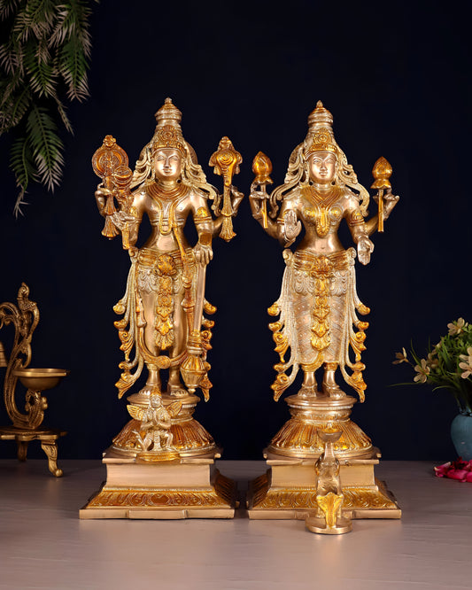 Brassaura™ Pure Brass Standing Vishnu Idol Set – 9.5kg, 14-Inch – Chola-Style Lord Vishnu, Lakshmi with Elephant & Garuda in Dual-Tone Gold Finish