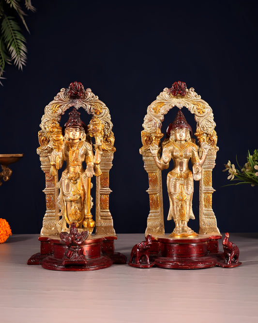 Brassaura™ Brass Idols Pair Vishnu Laxmi with Intricately Carved Prabhavalis – 9-Inch, 5kg – Handmade Hindu God Statues for Home Temple Décor
