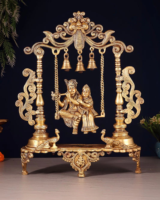 Brassaura™ Majestic Brass Radha Krishna Swing Idol with Peacocks – Height 20 Inches & Weight 7.5 Kgs | Antique Finish Devotional Statue