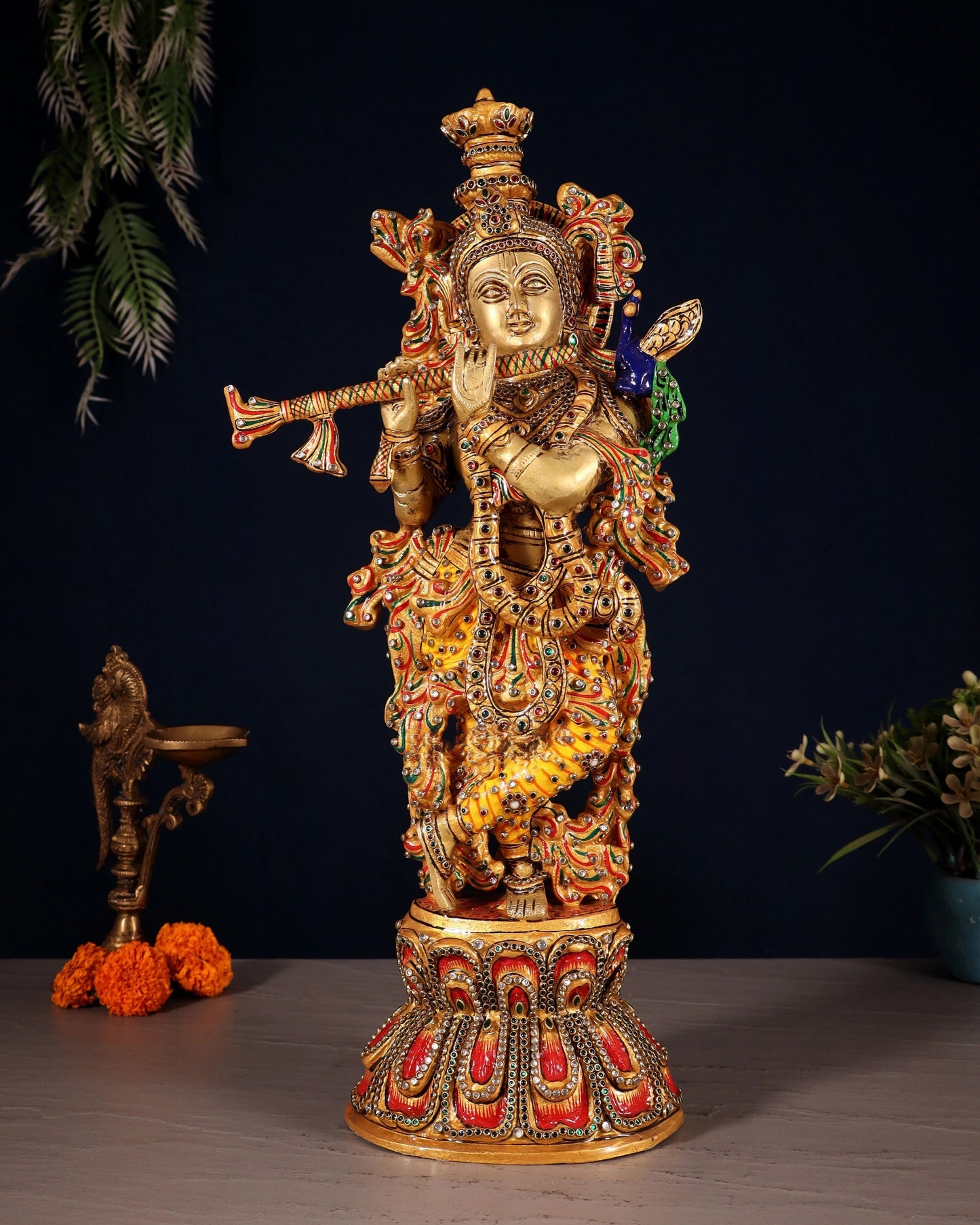 Brassaura™ Brass Krishna Statue with Natural Stones – Height 21" | Weight 9 Kgs
