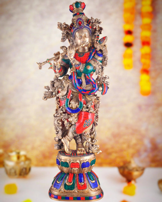 Brassaura™ Pure Brass Lord Krishna Statue with Stonework – Height 30 Inches & Weight 17.5 Kgs