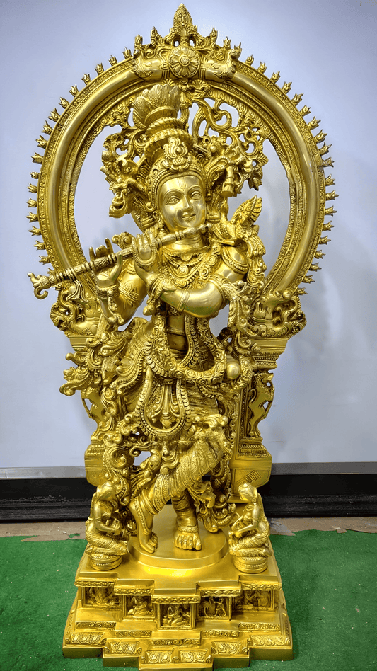 Brassaura™ Pure Superfine Brass Lord Krishna Statue with Large Embossed Prabhavali Frame | Height 32 Inches & Weight 35 Kgs