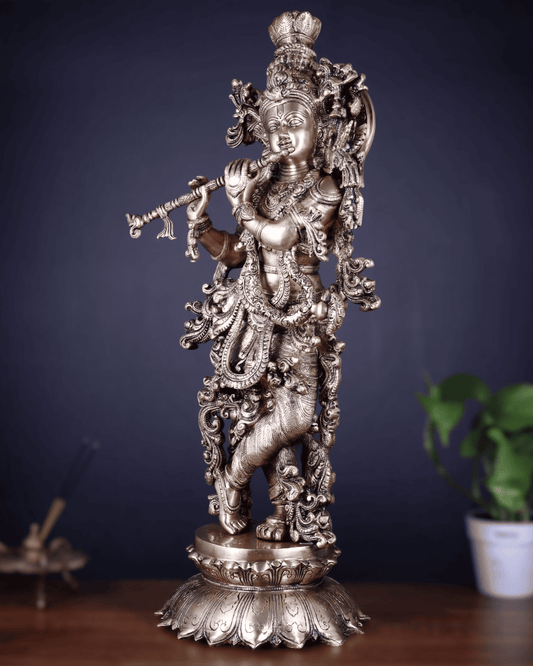 Brassaura™ Pure Brass Lord Krishna Statue on Lotus Base | Matte Finish | Height 27 Inches & Weight 20 Kgs