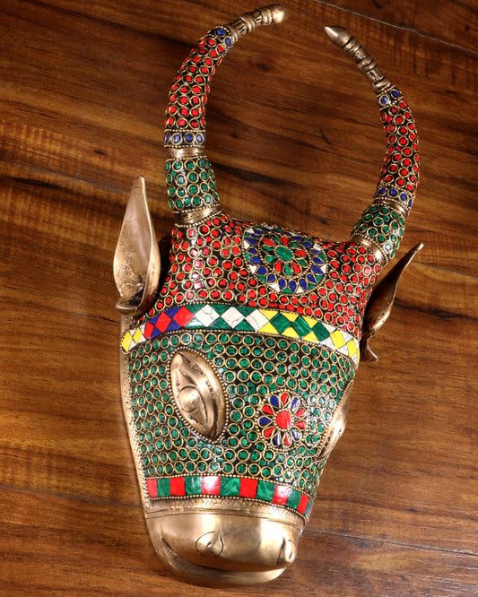 Brassaura™ Brass Cow Head Wall Hanging with Stonework | Handcrafted Decorative Wall Art | Weight 3 Kgs | Height 12.2 Inches