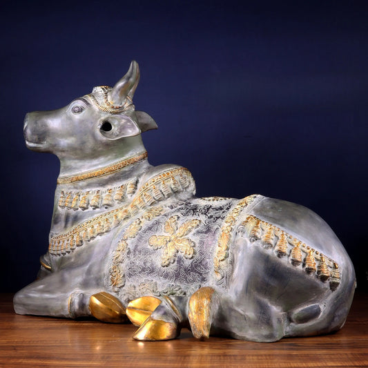 Brassaura® Brass Antique Large Nandi Sculpture with Rustic Stone Patina | Handcrafted Traditional Décor | Weight 30 Kgs | Height 21.5 Inches