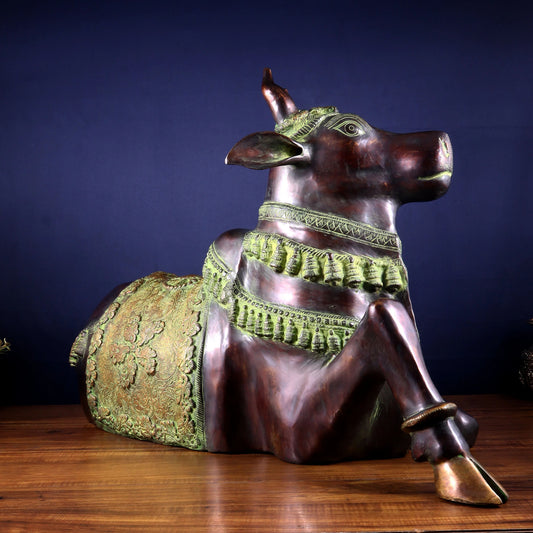 Brassaura™ Brass Antique Large Nandi Sculpture with Copper & Green Sand Tone | Handcrafted Traditional Décor | Weight 30 Kgs | Height 21.5 Inches