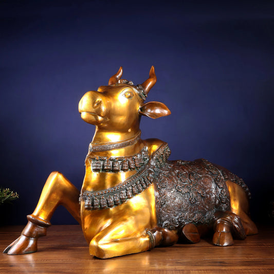 Brassaura™ Brass Antique Large Nandi Sculpture with Gold & Copper Tone | Handcrafted Traditional Décor | Weight 30 Kgs | Height 21.5 Inches