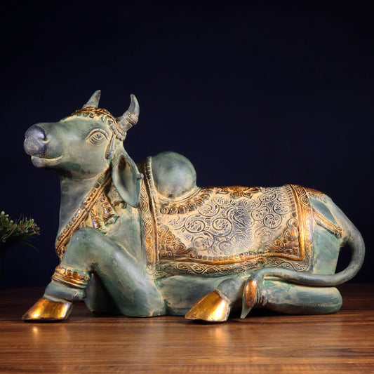 Brassaura™ Pure Brass Handcrafted Nandi Idol with Vintage Green Patina | Majestic Traditional Sculpture | Weight 20 Kgs | Height 14.5 Inches