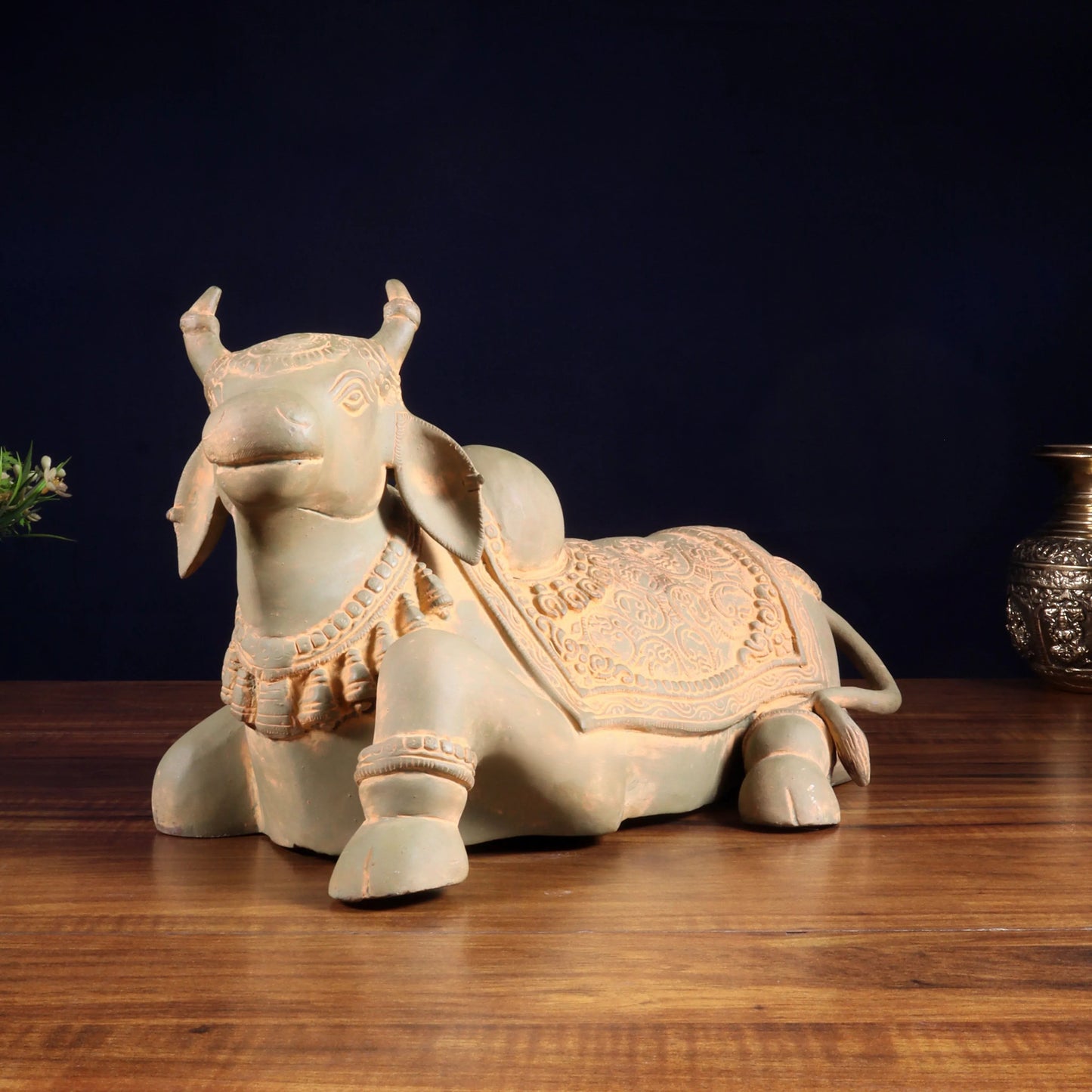 Brassaura™ Brass Nandi Statue with Vintage Green Sand Tone | Handcrafted Sacred Décor | Weight 9 Kgs | Width 15 Inches