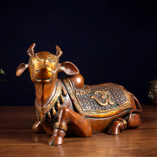 Brassaura™ Handcrafted Brass Nandi Statue with Om & Swastik Symbols | Traditional Spiritual Décor | Weight 7 Kgs | Height 7.5 Inches