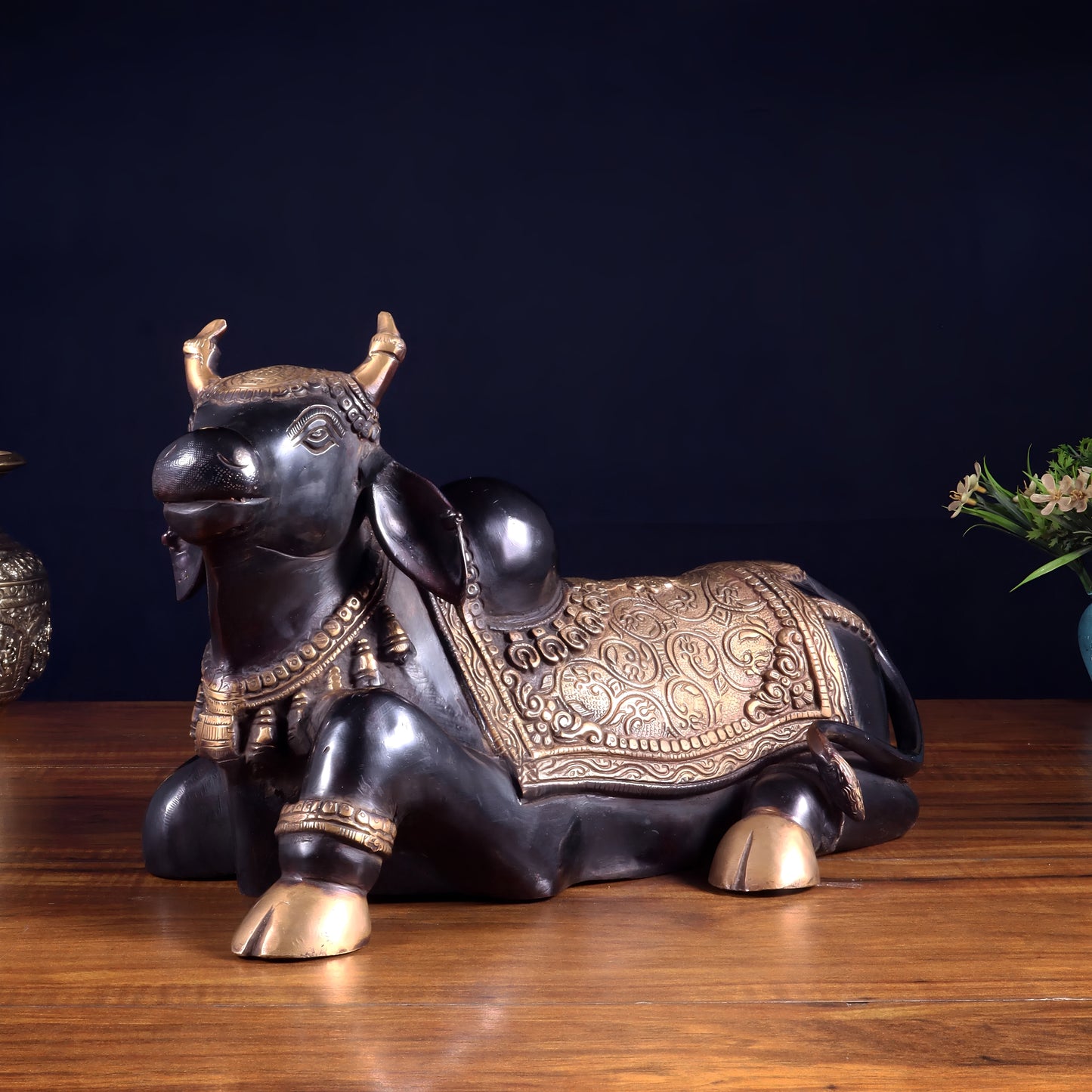 Brassaura™ Brass Nandi Statue in Black Tone | Handcrafted Sacred Décor | Weight 9 Kgs | Width 15 Inches