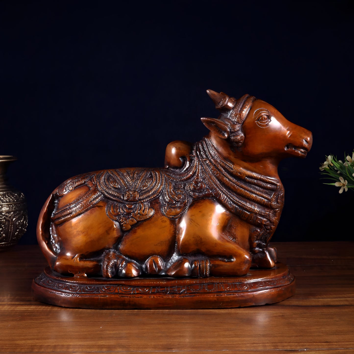 Brassaura™ Pure Brass Nandi Idol with Vintage Chola Brown Finish | Handcrafted South Indian Temple Art | Weight 7 Kgs | Height 9.5 Inches