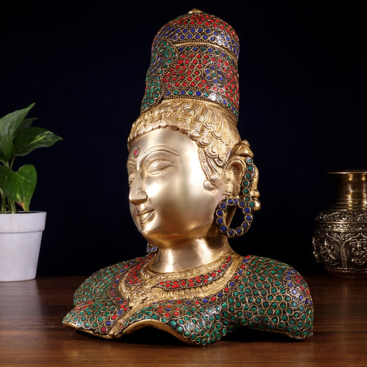Brassaura™ Parvati (Gauri Maa) Bust | Pure Brass with Meenakari Stonework | Height 12.5 Inches & Weight 6 Kgs