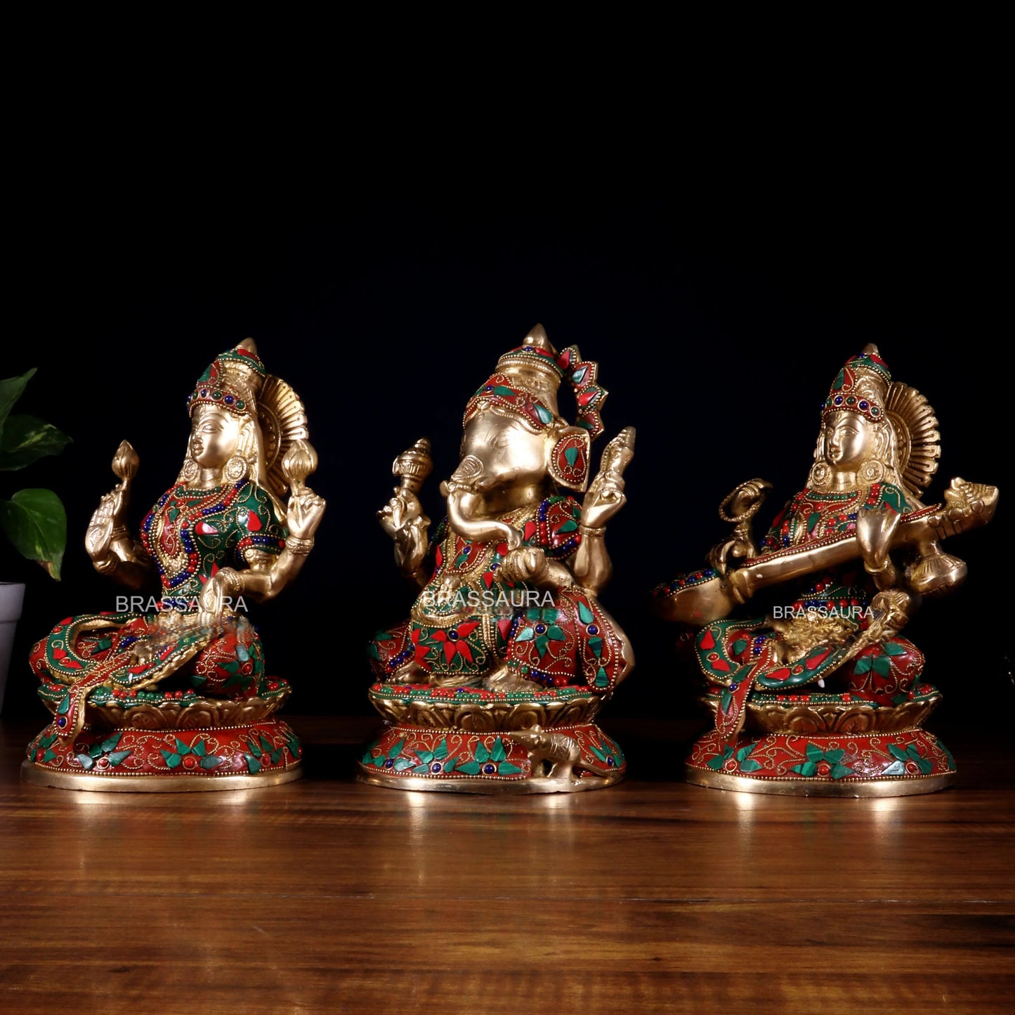 Brassaura™ Brass Lakshmi Ganesha Saraswati Idol Set | Height 9.5 Inches & Total Weight 9.9 Kgs