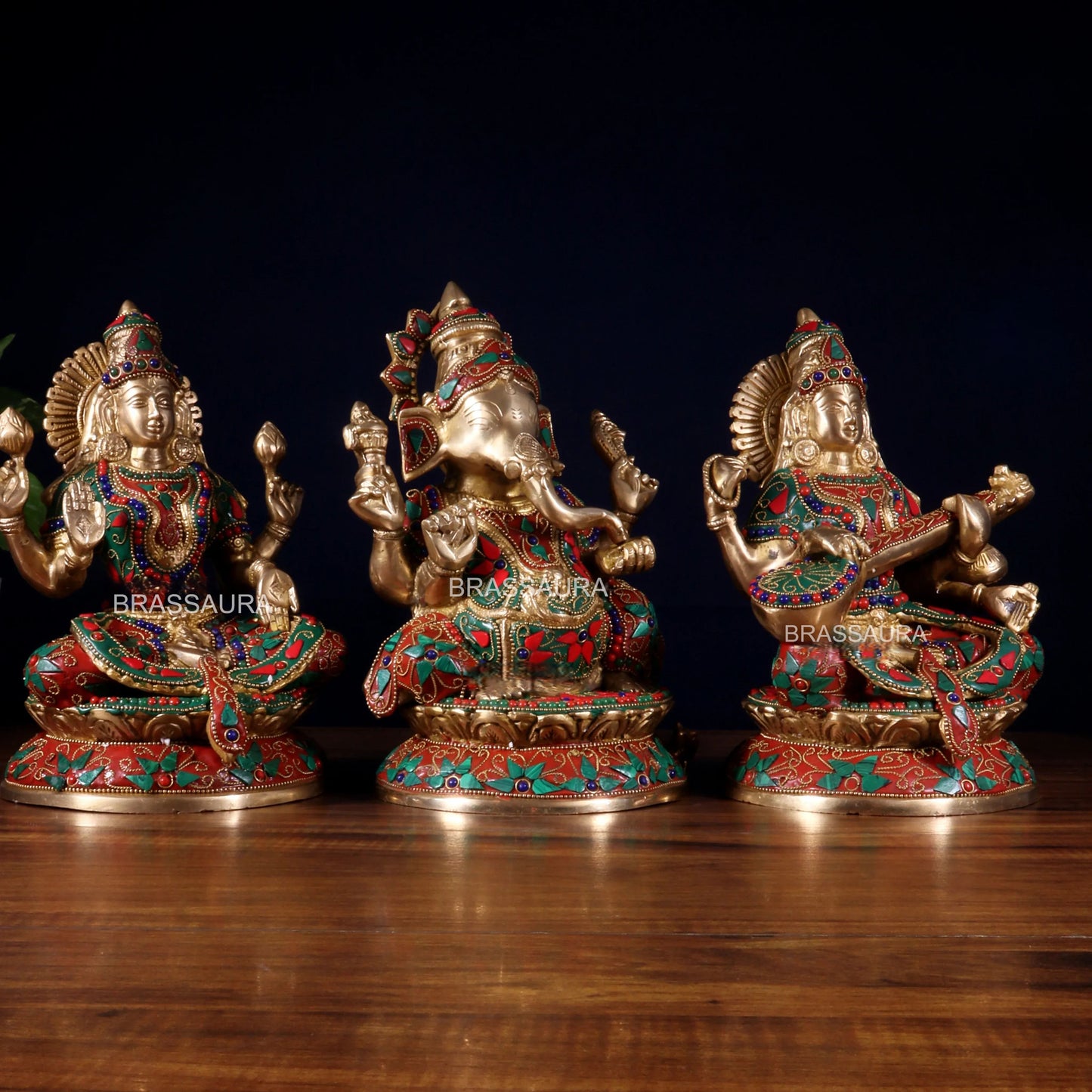 Brassaura™ Brass Lakshmi Ganesha Saraswati Idol Set | Height 9.5 Inches & Total Weight 9.9 Kgs