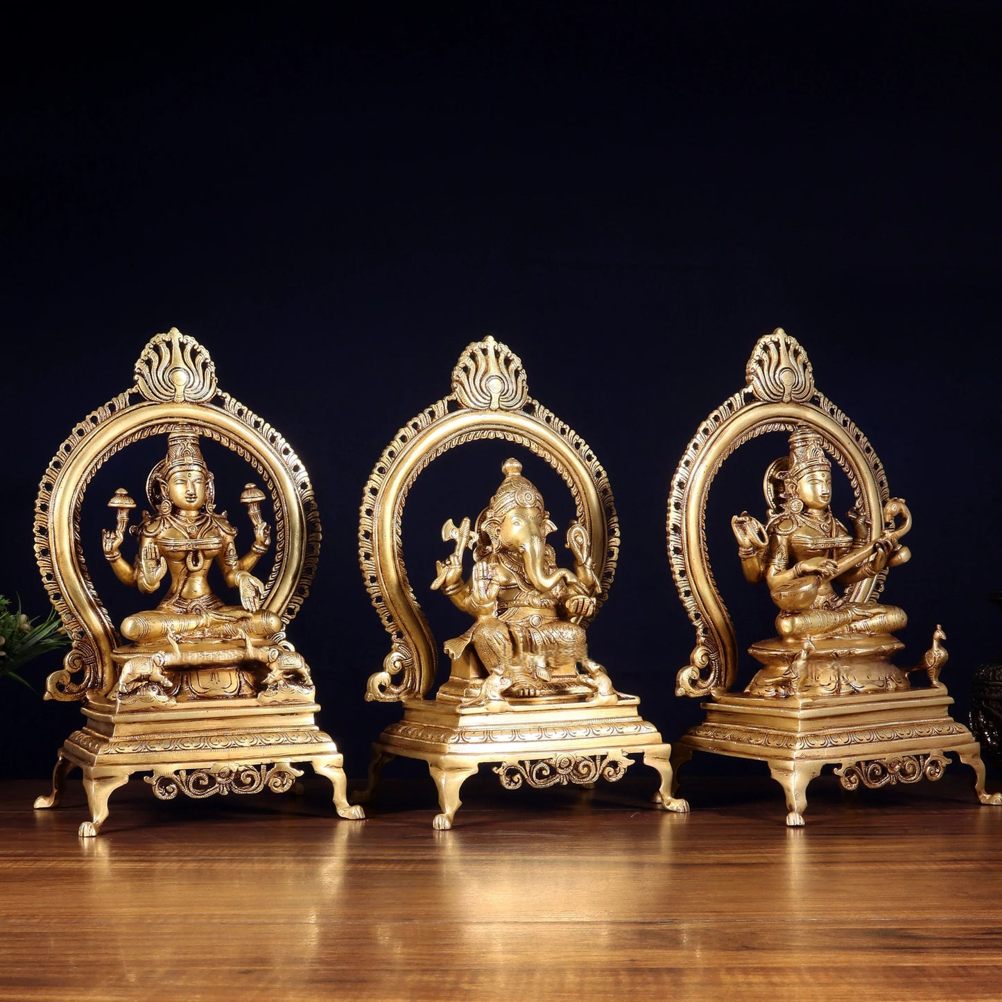Brassaura™ Brass Lakshmi Ganesha Saraswati Idol Set with Prabhavali Frame | Pure Brass Handcrafted Trio | Height 13 Inches & Total Weight 18 Kgs