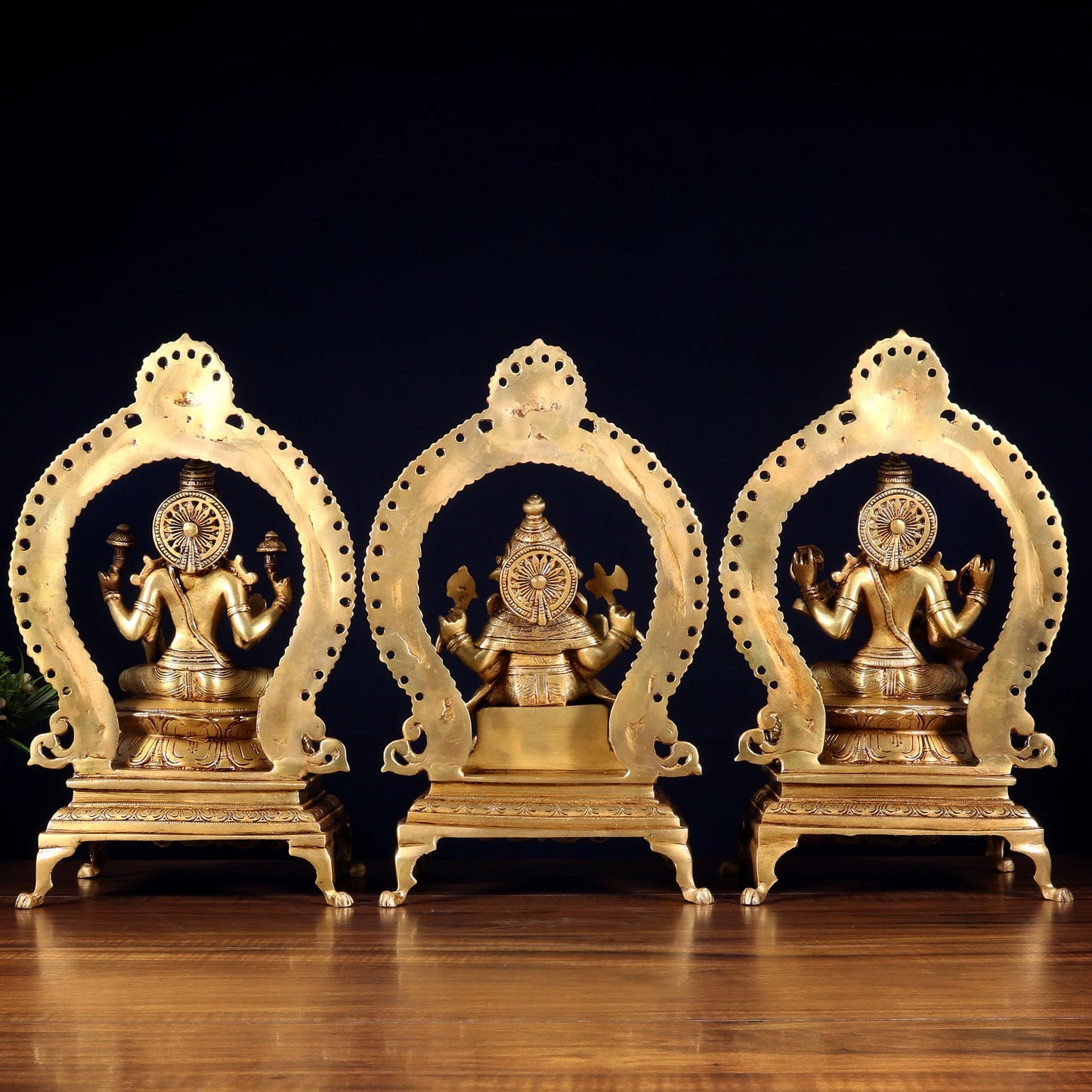 Brassaura™ Brass Lakshmi Ganesha Saraswati Idol Set with Prabhavali Frame | Pure Brass Handcrafted Trio | Height 13 Inches & Total Weight 18 Kgs