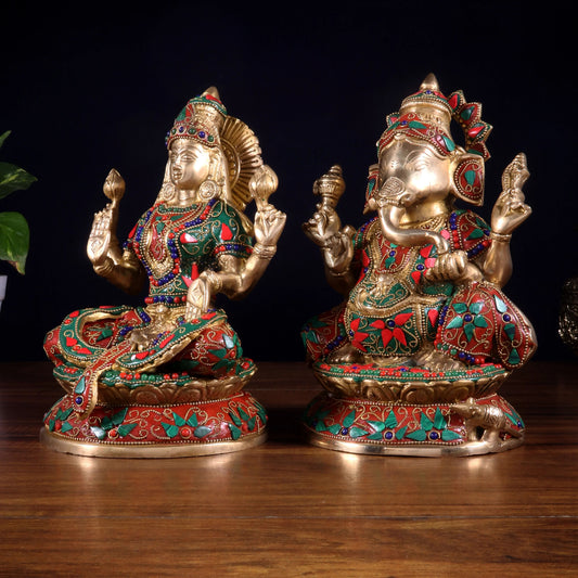 Brassaura™ Lakshmi Ganesha Brass Idol Set | Pure Brass with Floral Stonework | Combined Weight 6.3 Kgs