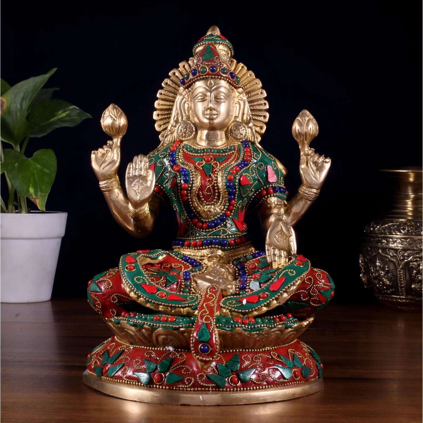 Brassaura™ Goddess Lakshmi Seated on Lotus | Pure Brass with Floral Stonework | Height 9 Inches & Weight 3.5 Kgs