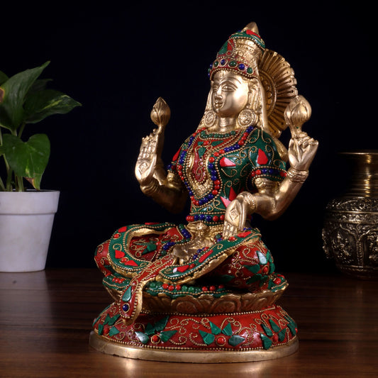 Brassaura™ Goddess Lakshmi Seated on Lotus | Pure Brass with Floral Stonework | Height 9 Inches & Weight 3.5 Kgs