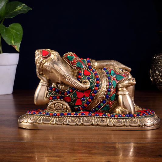 Brassaura™ Brass Resting Lord Ganesha Statue with Floral Stonework | Height 4 Inches & Weight 2.2 Kgs
