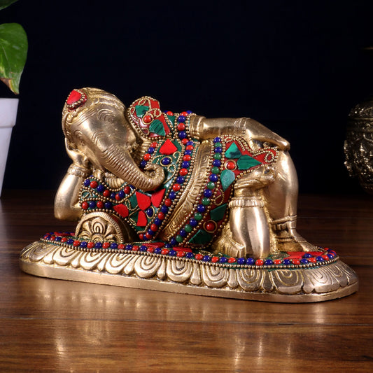 Brassaura™ Brass Resting Lord Ganesha Statue with Floral Stonework | Height 4 Inches & Weight 2.2 Kgs