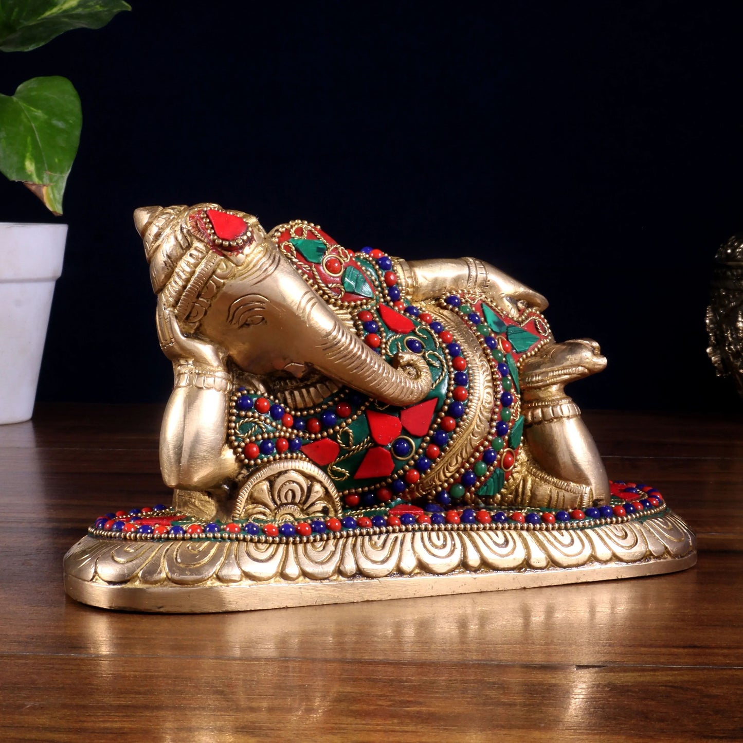 Brassaura™ Brass Resting Lord Ganesha Statue with Floral Stonework | Height 4 Inches & Weight 2.2 Kgs