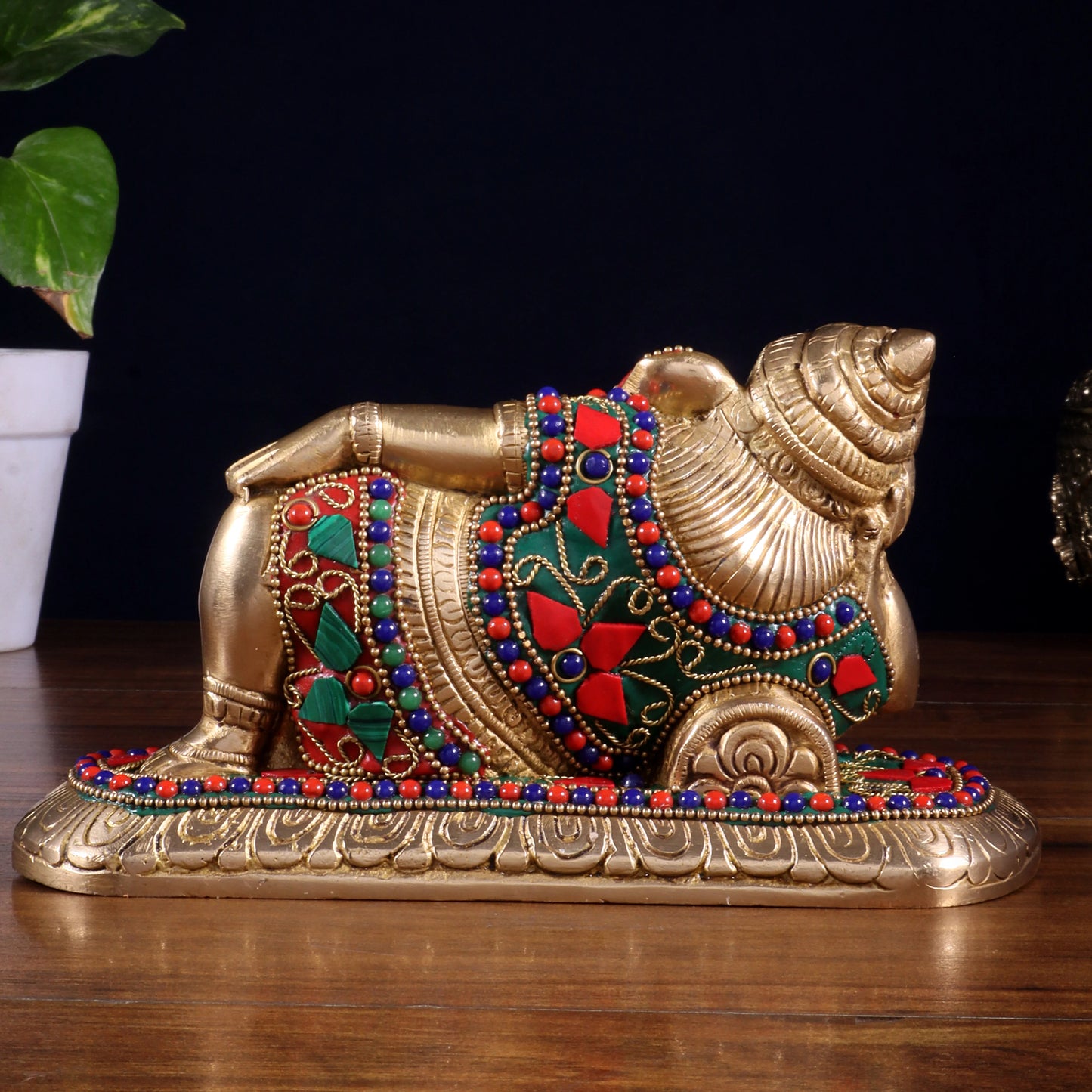 Brassaura™ Brass Resting Lord Ganesha Statue with Floral Stonework | Height 4 Inches & Weight 2.2 Kgs