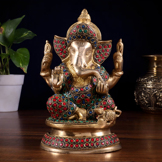 Brassaura™ Pure Brass Taj Ganesha Statue with Meenakari Stonework | Height 7.5 Inches & Weight 1.75 Kgs