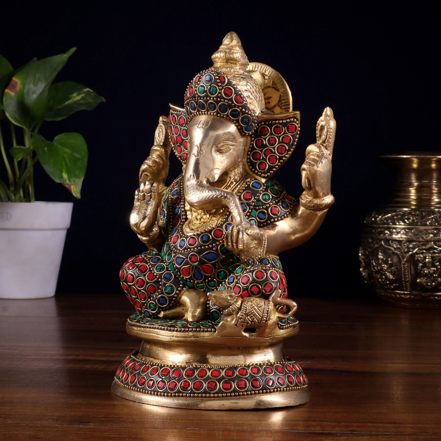 Brassaura™ Pure Brass Taj Ganesha Statue with Meenakari Stonework | Height 7.5 Inches & Weight 1.75 Kgs