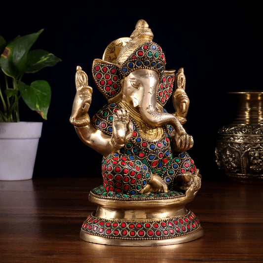 Brassaura™ Pure Brass Taj Ganesha Statue with Meenakari Stonework | Height 7.5 Inches & Weight 1.75 Kgs