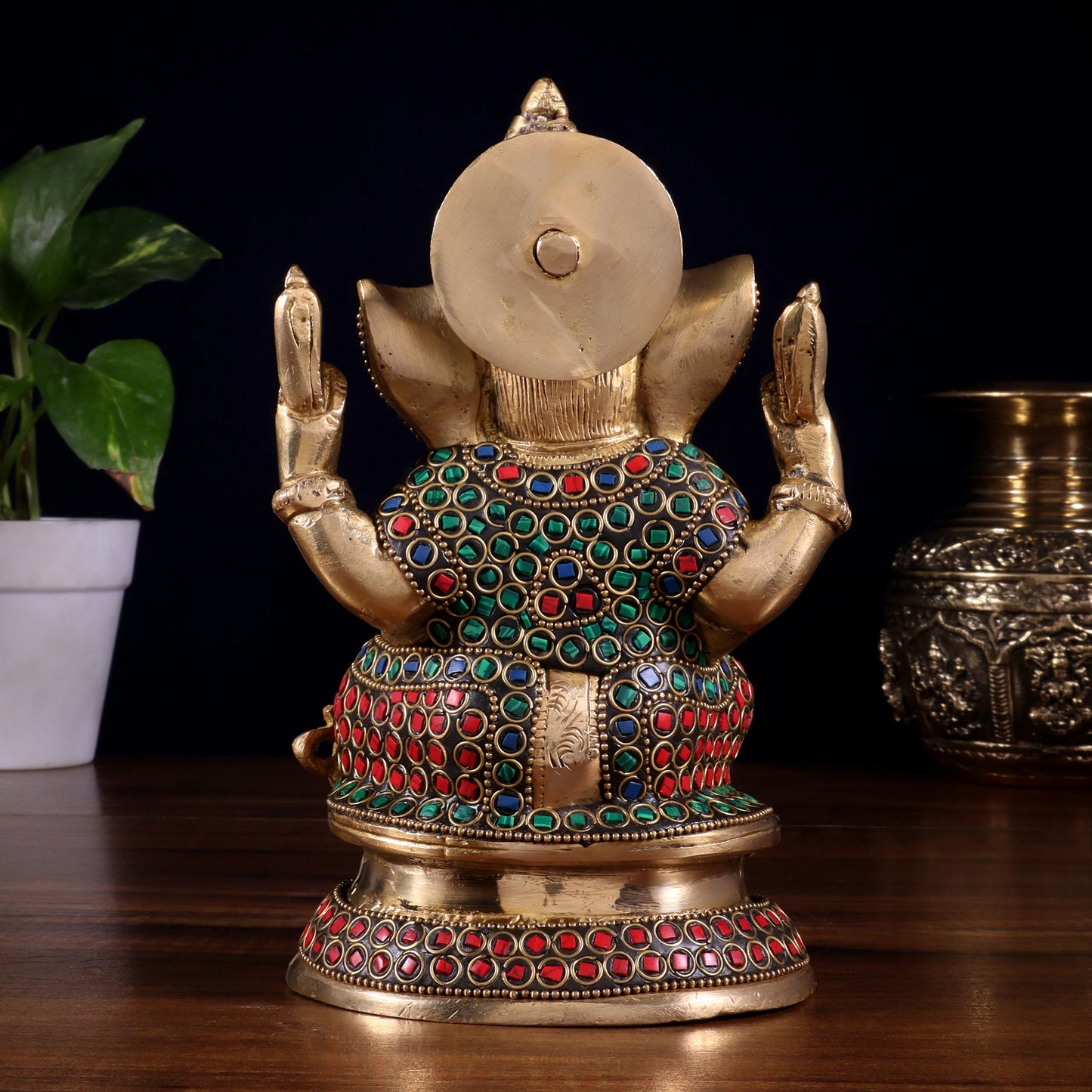 Brassaura™ Pure Brass Taj Ganesha Statue with Meenakari Stonework | Height 7.5 Inches & Weight 1.75 Kgs