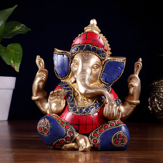 Brassaura™ Brass Ganesha Idol with Meenakari Stonework | Height 6 Inches & Weight 1.8 Kgs