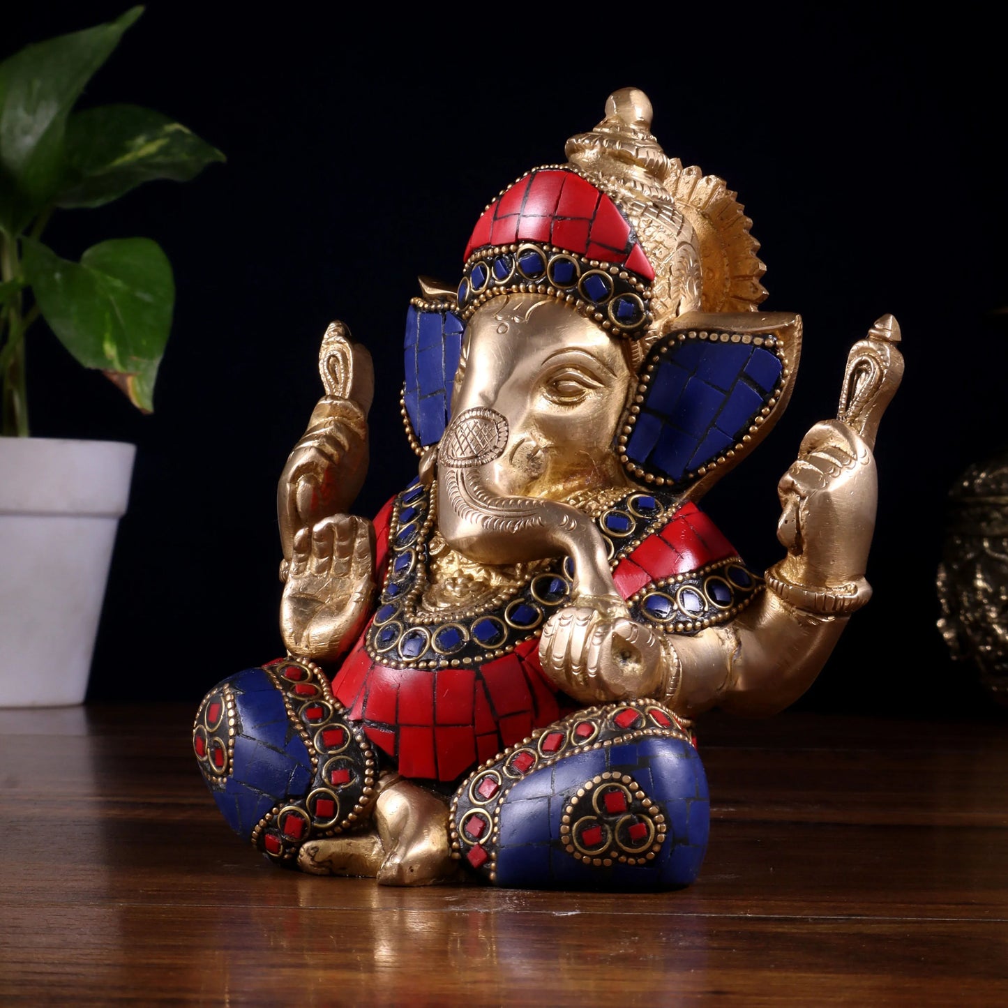 Brassaura™ Brass Ganesha Idol with Meenakari Stonework | Height 6 Inches & Weight 1.8 Kgs