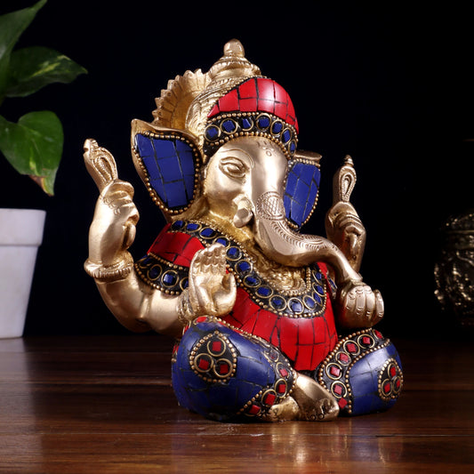 Brassaura™ Brass Ganesha Idol with Meenakari Stonework | Height 6 Inches & Weight 1.8 Kgs