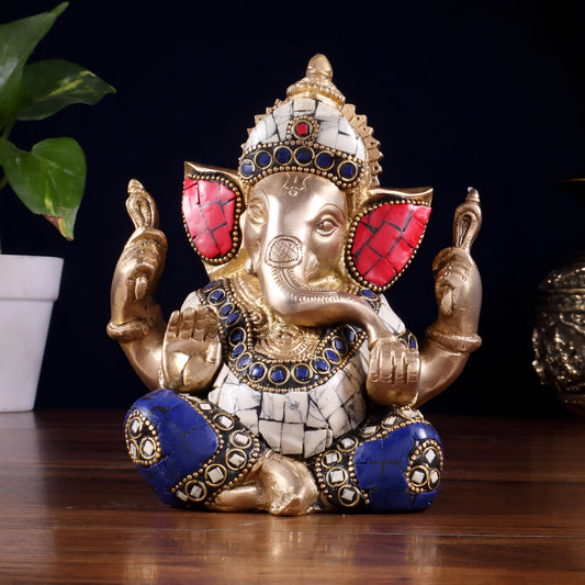 Brassaura™ Brass Ganesha Idol with Meenakari Stonework | Height 6 Inches & Weight 1.8 Kgs