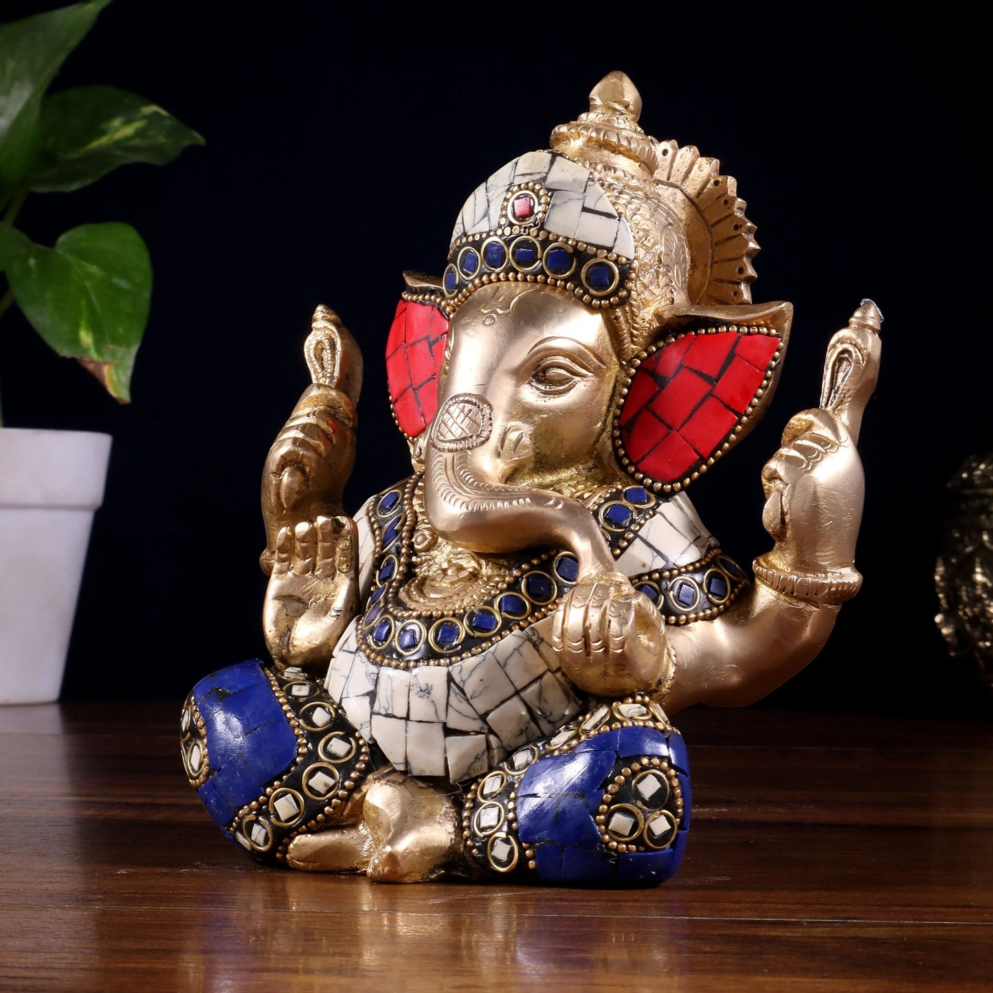 Brassaura™ Brass Ganesha Idol with Meenakari Stonework | Height 6 Inches & Weight 1.8 Kgs