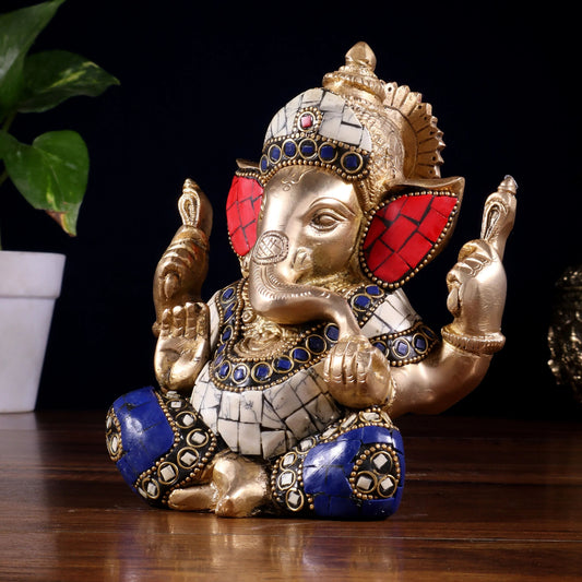 Brassaura™ Brass Ganesha Idol with Meenakari Stonework | Height 6 Inches & Weight 1.8 Kgs