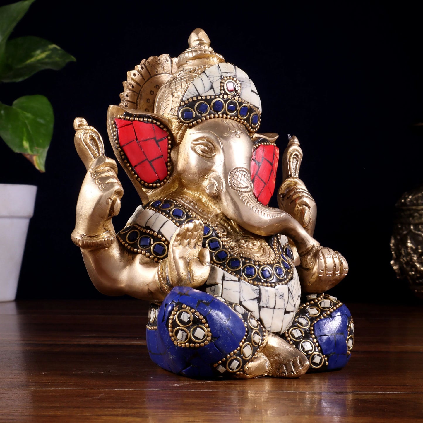 Brassaura™ Brass Ganesha Idol with Meenakari Stonework | Height 6 Inches & Weight 1.8 Kgs