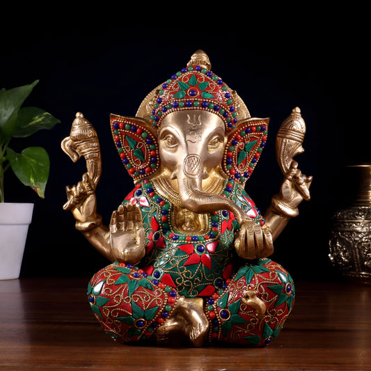 Brassaura™ Brass Taj Ganesha Idol with Stonework | Height 8 Inches & Weight 3 Kgs