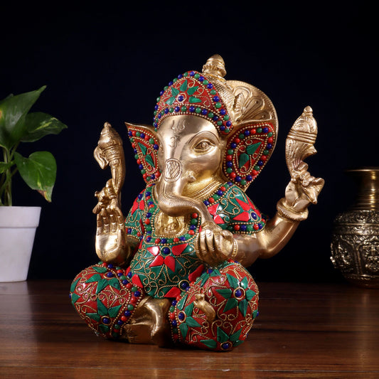 Brassaura™ Brass Taj Ganesha Idol with Stonework | Height 8 Inches & Weight 3 Kgs