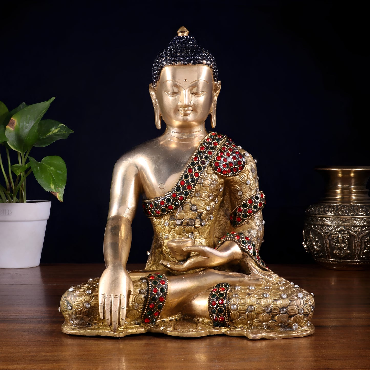 Brassaura™ Pure Brass Lord Buddha Statue with Nepalese Stone Inlay | Handcrafted Spiritual Décor | Weight 4.1 Kgs | Height 10.5 Inches