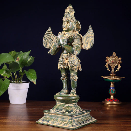 Brassaura™ Pure Brass Garuda Statue with Vintage Green Sand Patina | Traditional Indian Collectible | Weight 5.2 Kgs | Height 15.5 Inches