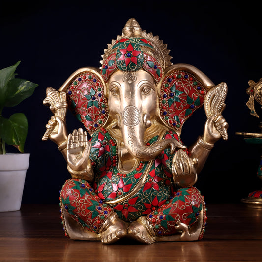 Brassaura™ Brass Lord Ganesha Statue with Meenakari Stonework & Big Ears | Height 10 Inches & Weight 5.15 Kgs